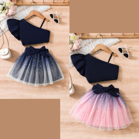 One-Shoulder Crop Top with Starry Tulle Skirt Pack Of 2