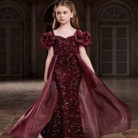 Royal Wine Puff Sleeve Mermaid Dress with Flowing Overskirt